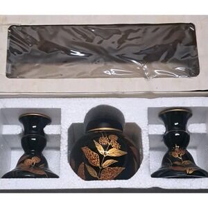 TRI EVER Hand Painted Porcelain 3 Pc Candle Holder Lidded Jar Set Black Gold New